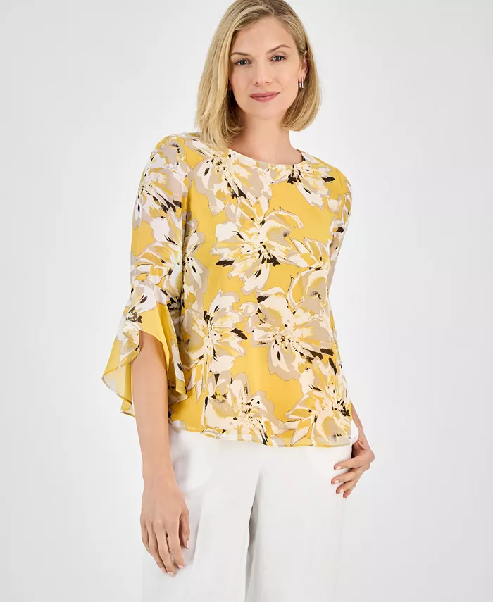 

Женская блузка с принтом, рюшами и расклешенными рукавами, Regular & Petite Kasper, желтый