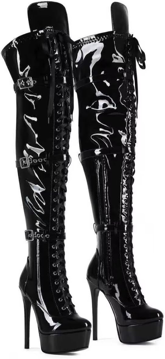 

Женские и мужские сапоги Frankie Hsu на платформе с высоким каблуком-кубиком выше колена, черные лакированные с лентой, эластичный регулируемый голень-берц размер US5-19