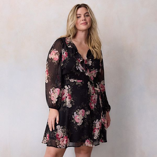 

Платье-мини с рукавами-фонариками Plus size Lc Lauren Conrad, Black Nero Blooms