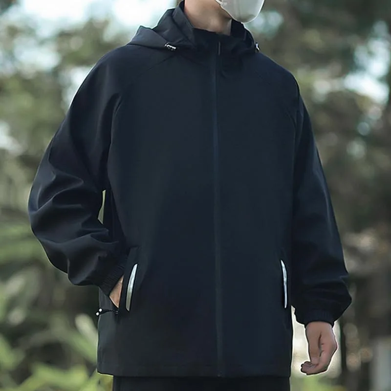 Мужская ветровка с капюшоном, легкой застежкой-молнией по всей длине и светоотражающими элементами Generic, черный — фото 4