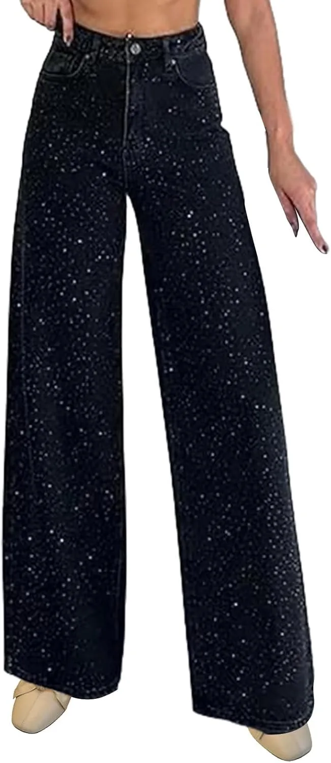 

Женские джинсы с блестками High Waisted Straight Wide Leg