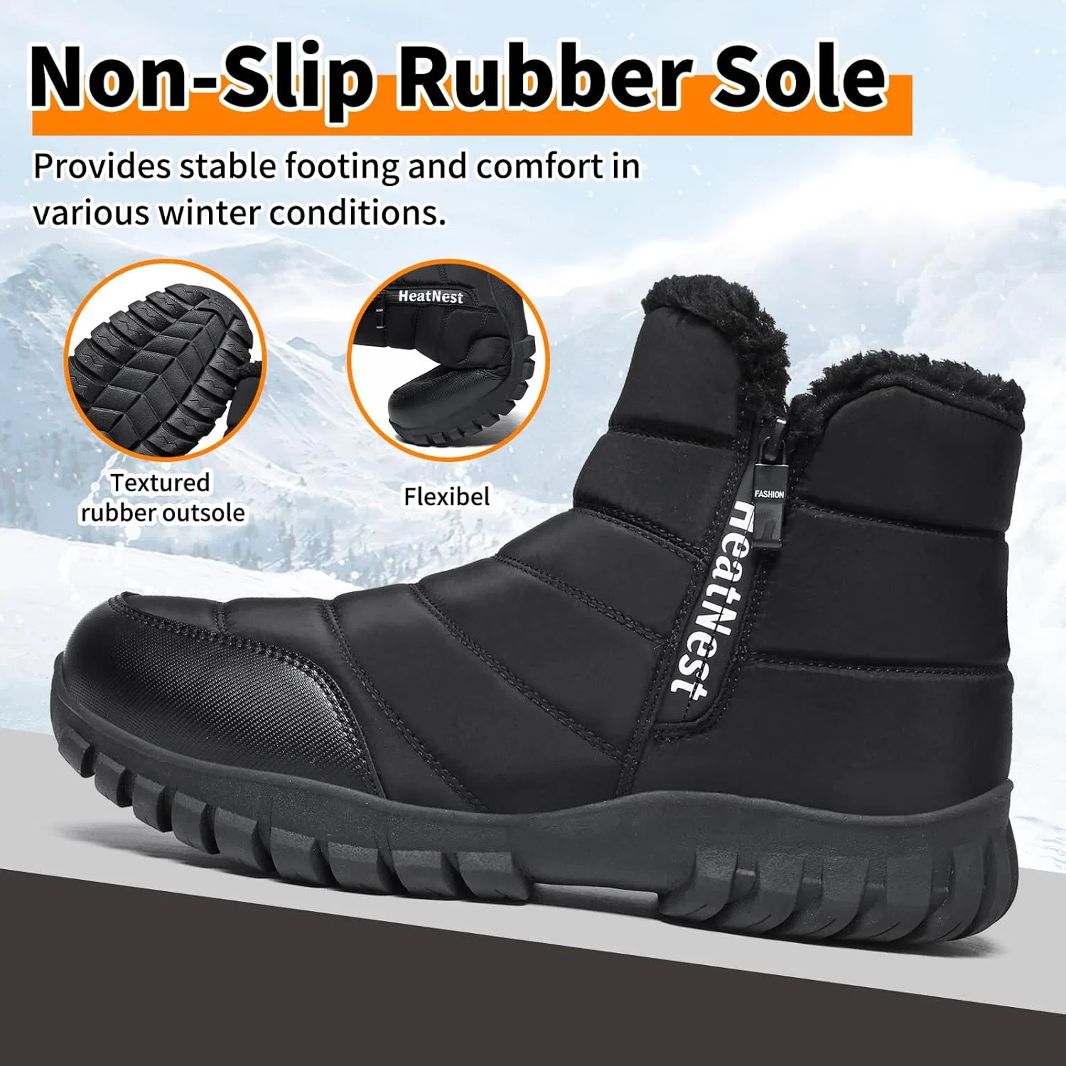 Ботинки Hanani Herren Winter-Schneestiefel mit Kunstfellfutter, wasserdicht, rutschfest, mit seitlichen Reißverschlüssen, warme Stiefel, Outdoor, leicht, Walking, Schneestiefel für Herren, Schwarz — фото 3