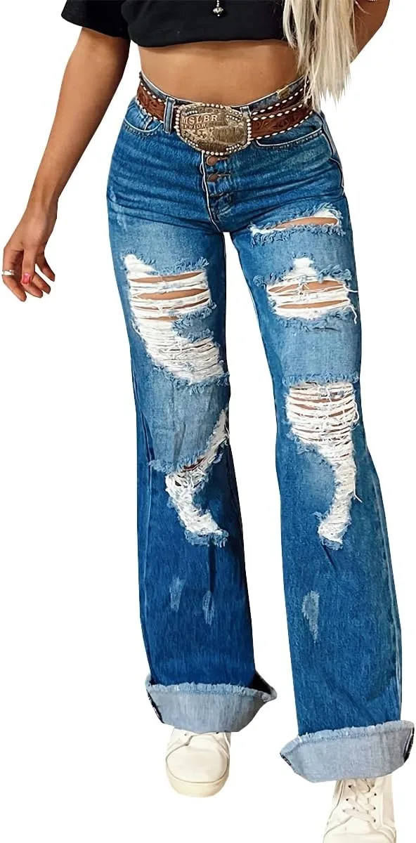 

Женские джинсы 90s vintage high waisted distressed bootcut stretchy ripped TACSTRUN