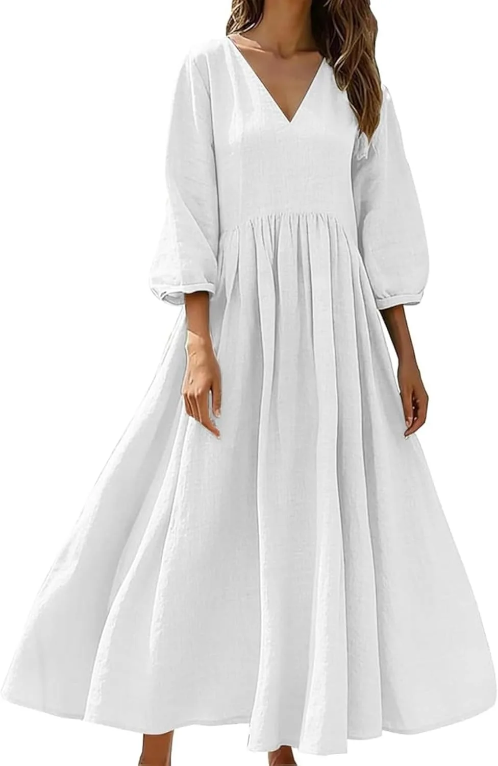 Generic Платье женское Plus Size летнее с 3/4 рукавом, струящееся плиссированное макси, с завышенной линией талии, для отдыха и пляжа (White, Medium)