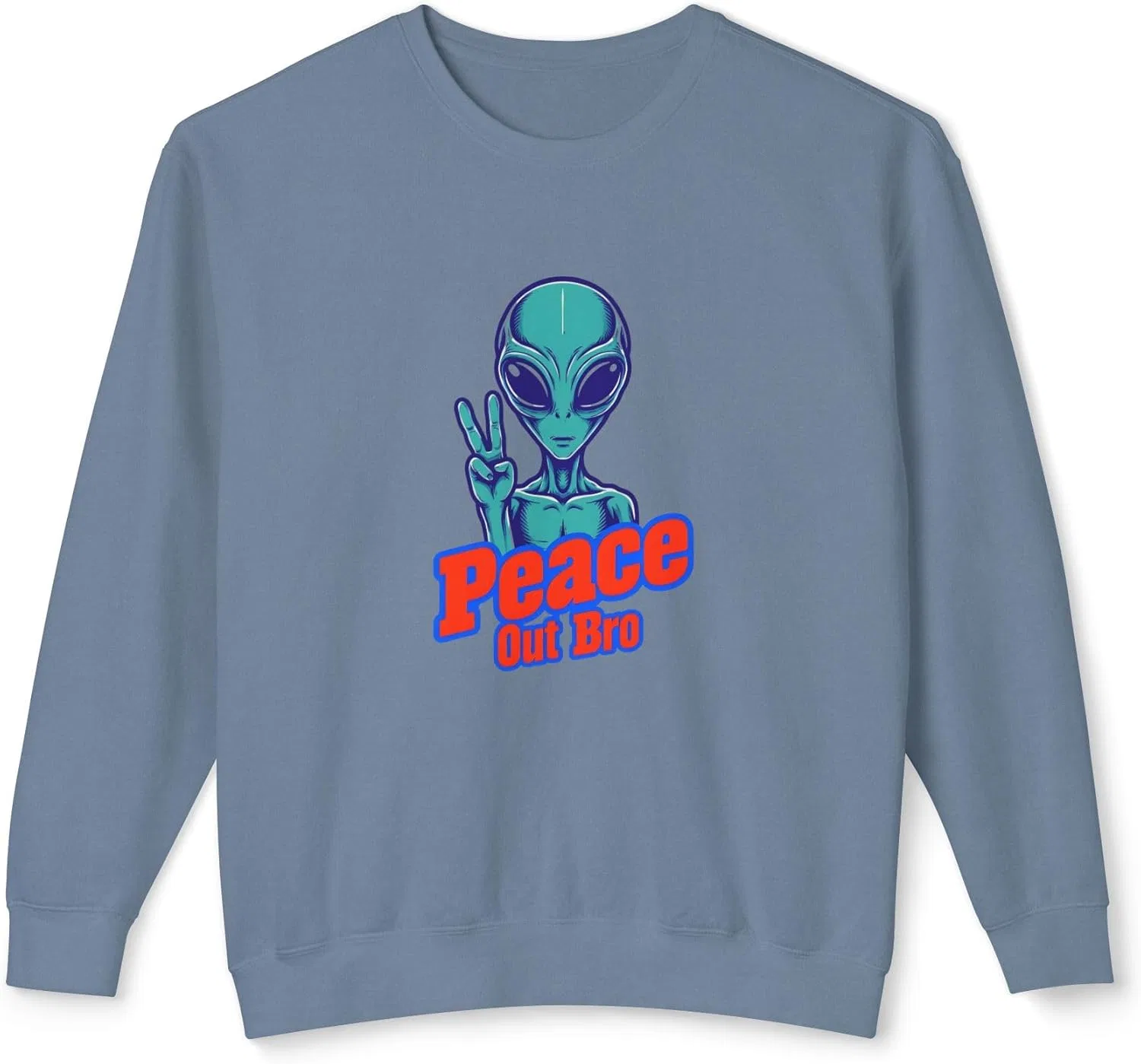 Свитшот Peace Out Bro Alien Unisex - винтажный космический дизайн, футболка с забавным знаком мира, повседневная одежда с крутым принтом пришельца GENERIC, синий