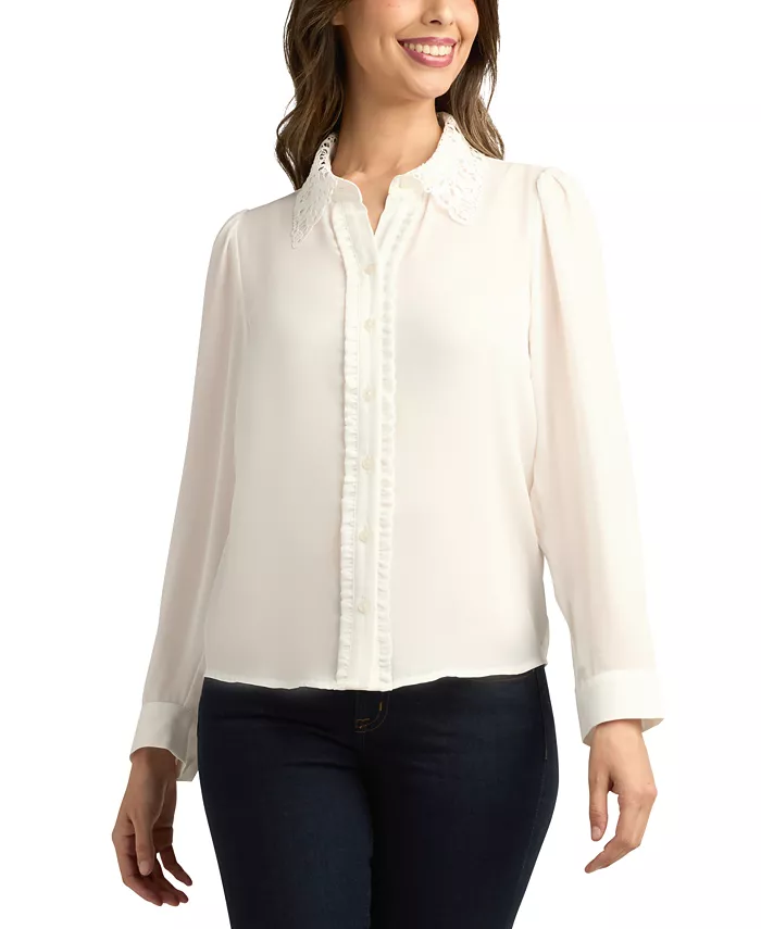 

Однотонная блузка с кружевным воротником и пуговицами спереди для юниоров BCX, коричневый/бежевый