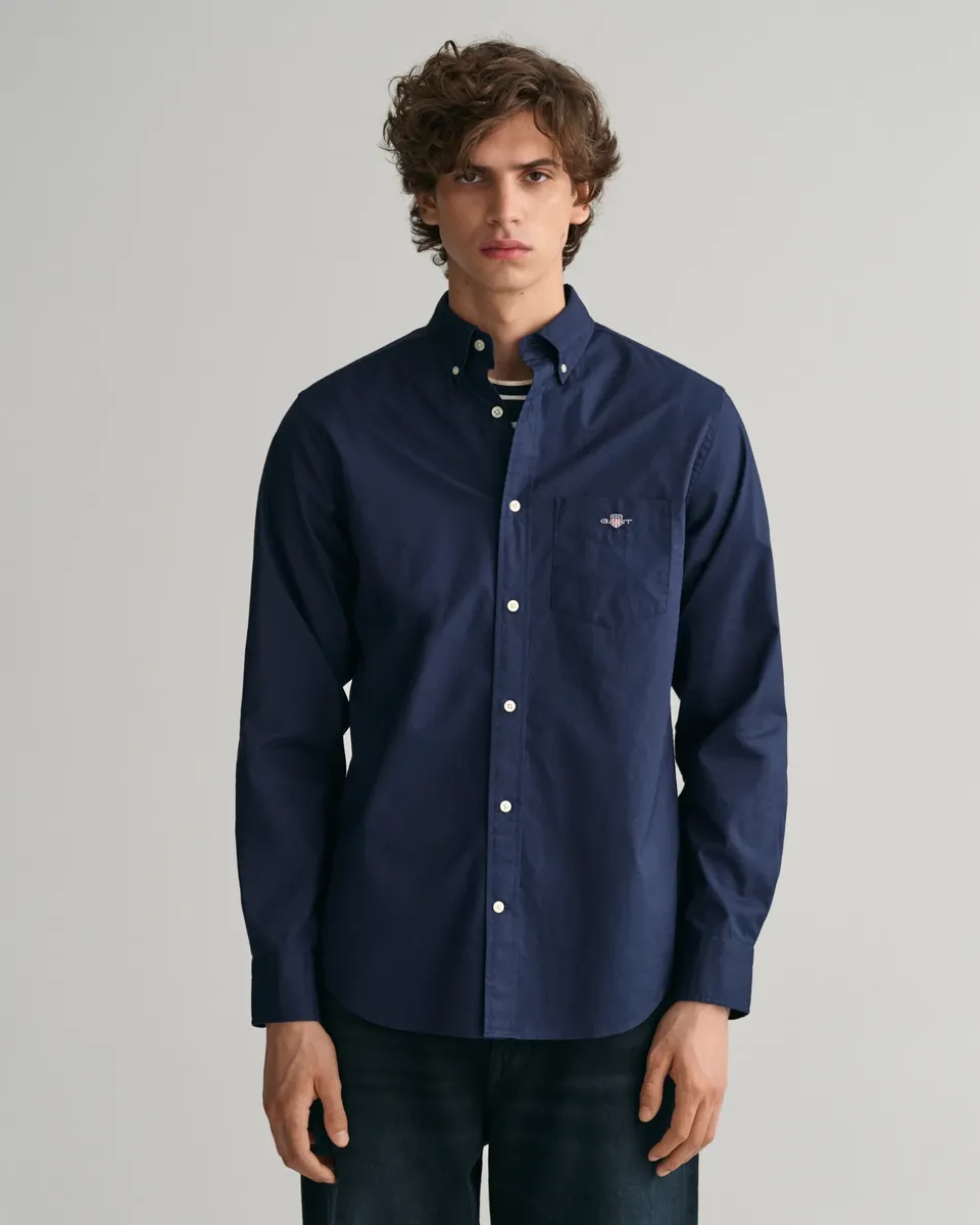

Рубашка Gant с длинными рукавами "Рубашка из поплина Regular Fit, легкая, износостойкая, простая в уходе", с вышивкой этикетки на нагрудном кармане, цвет морской волны