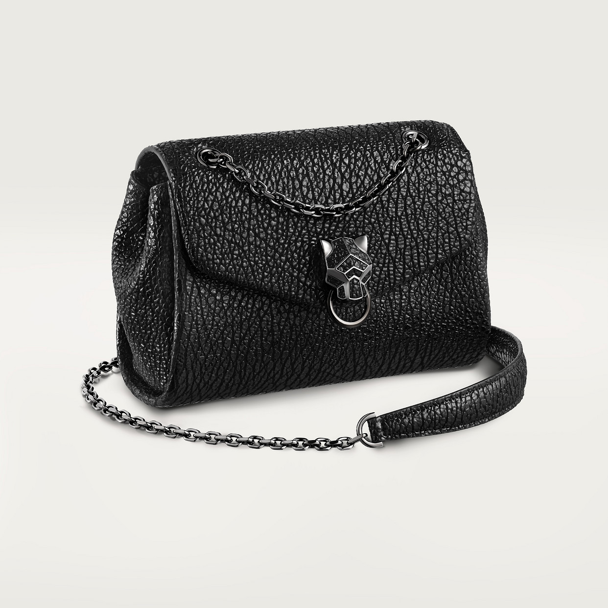 

Женская сумка через плечо Cartier Sac chaine mini modèle, Panthère Graphique de Cartier, блестящая черная жатая телячья кожа