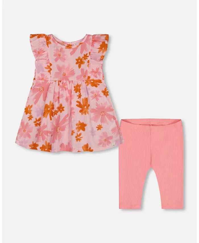 

Детский комплект для девочки: тюник с принтом и однотонные леггинсы Pink And Coral Flowers - для малышек/детей Deux par Deux, розовый