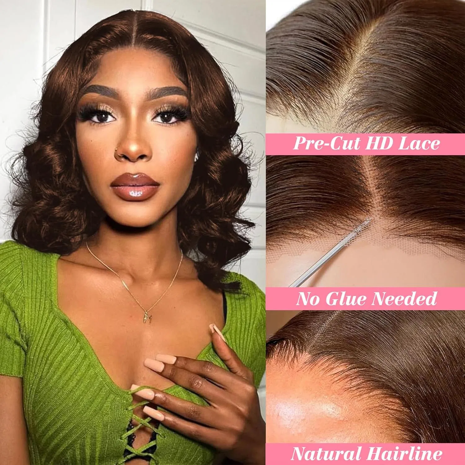Парик-боб из натуральных волос Glueless Wig, 4x4, 180% плотность, 25 см Nicmiss, 2-Chocolate Brown — фото 2