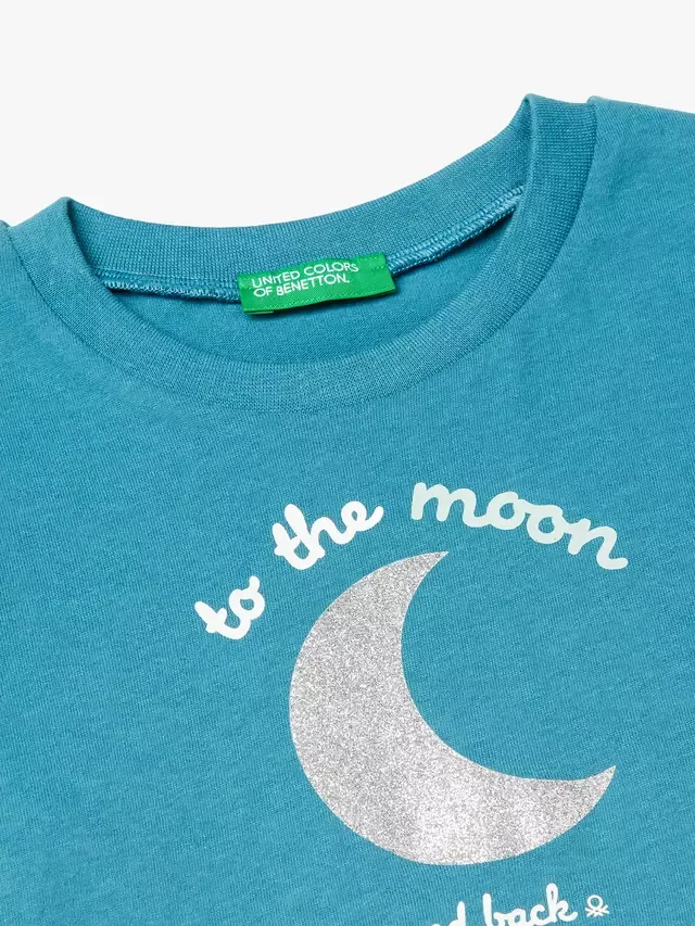 Детская футболка Cotton To The Moon с графическим принтом, синяя Benetton — фото 3