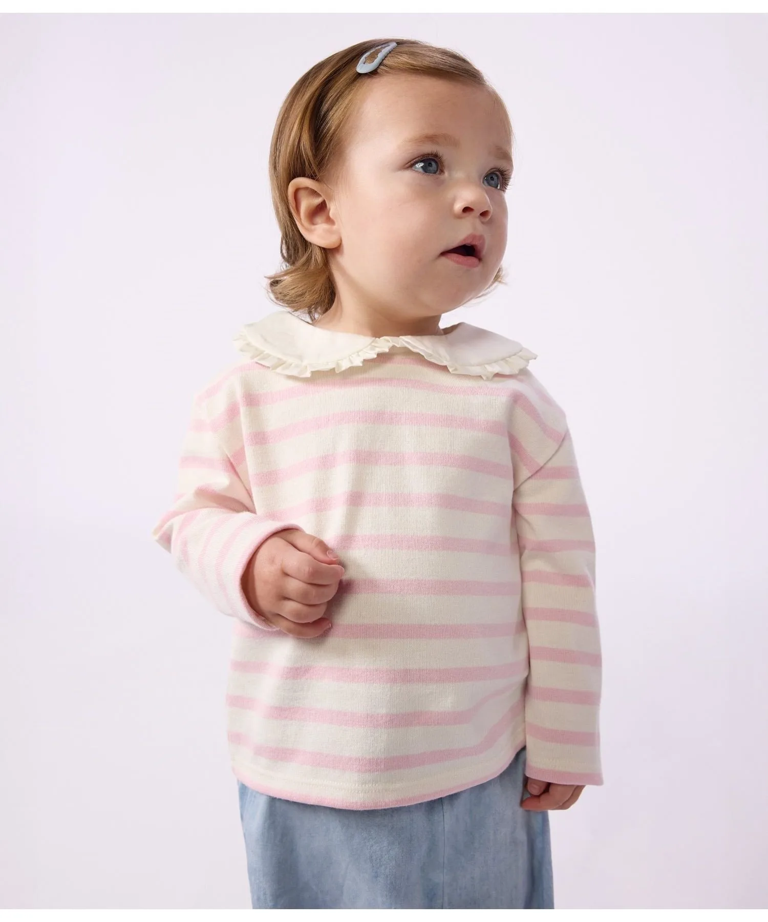 Длинный пуловер-мариньер с воротником PETIT BATEAU, Off-white/light pink