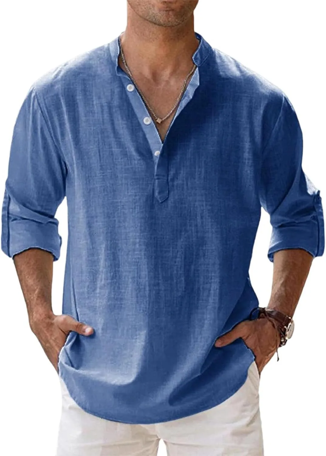 

Мужская льняная рубашка Henley с длинным рукавом lopmou