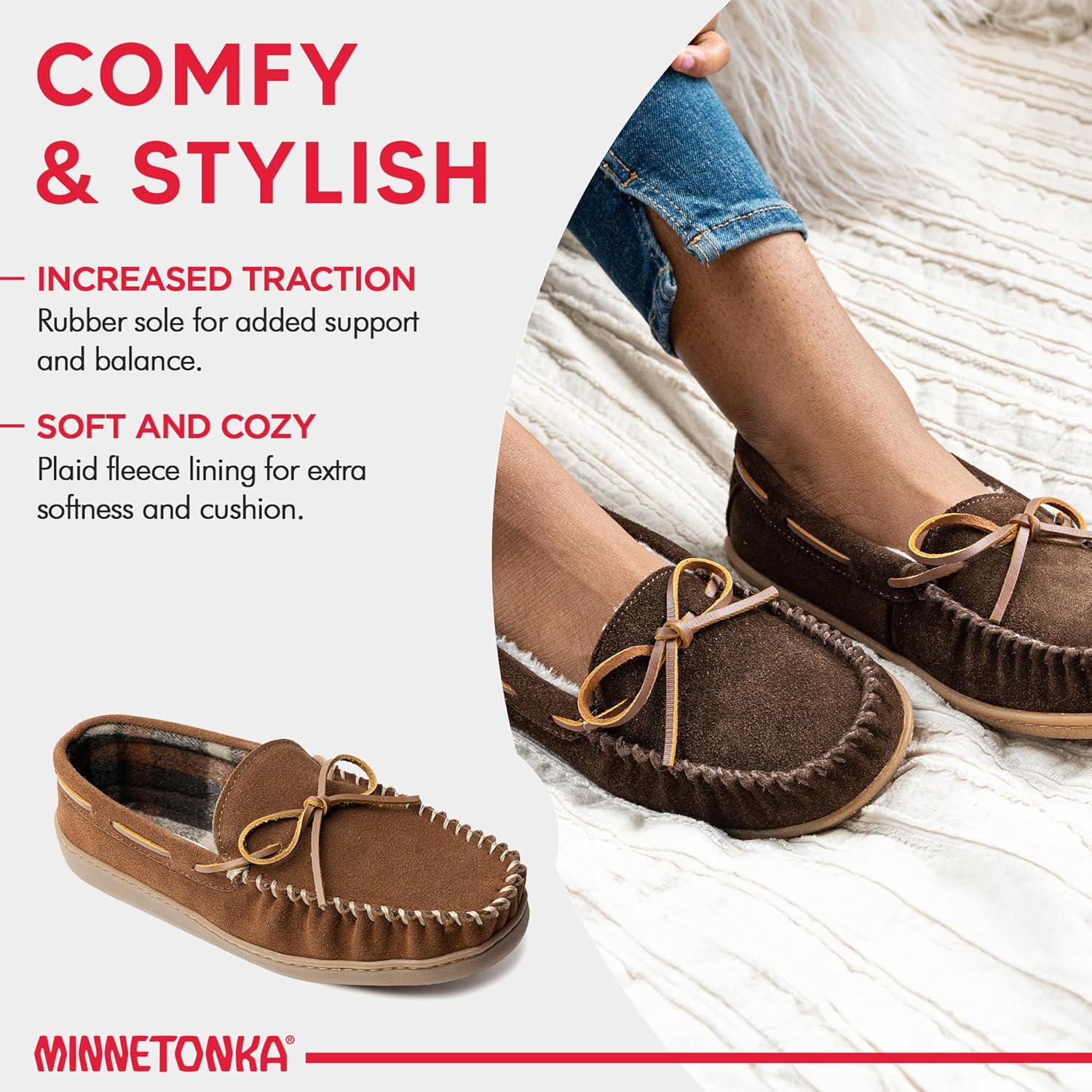 Мокасины Minnetonka для мужчин с твердой подошвой и флисовой подкладкой в клетку, Whiskey — фото 4