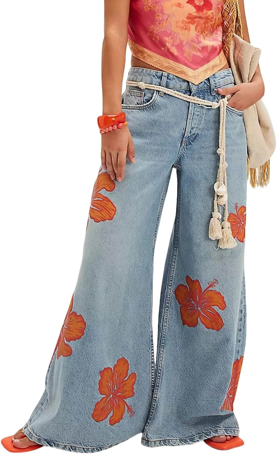 

Utcoco женские джинсы Wide Leg с цветочным принтом, низкая посадка