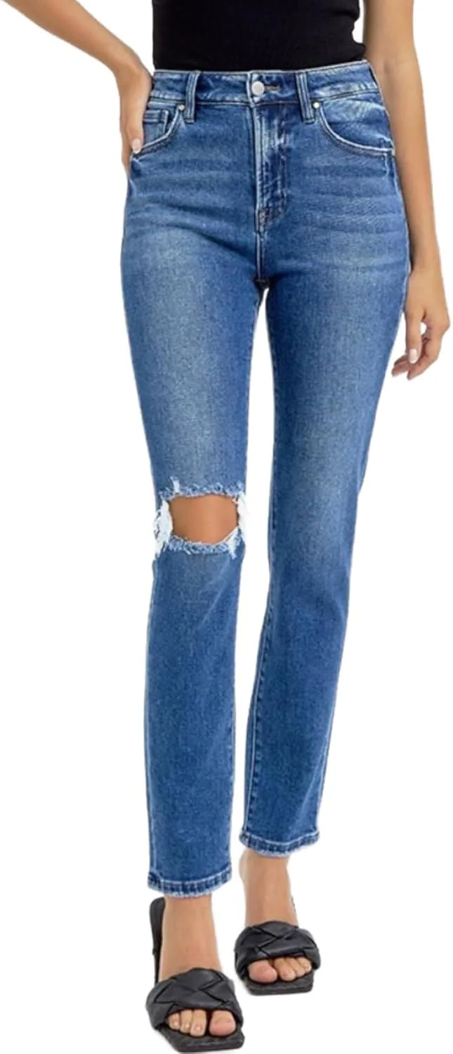 

Женские скинни джинсы с высокой талией, потертости на коленях, темная стирка Yanhoo