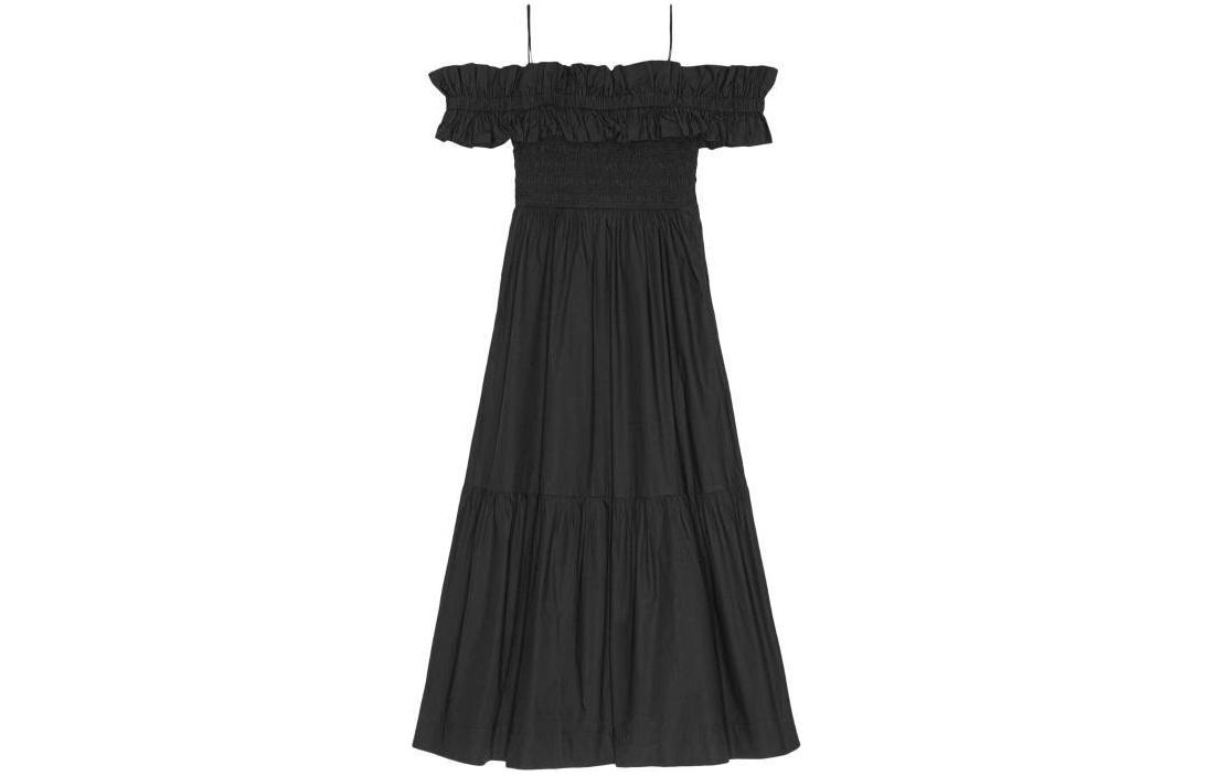 

Платье-балахон с открытыми плечами из поплина GANNI, черный