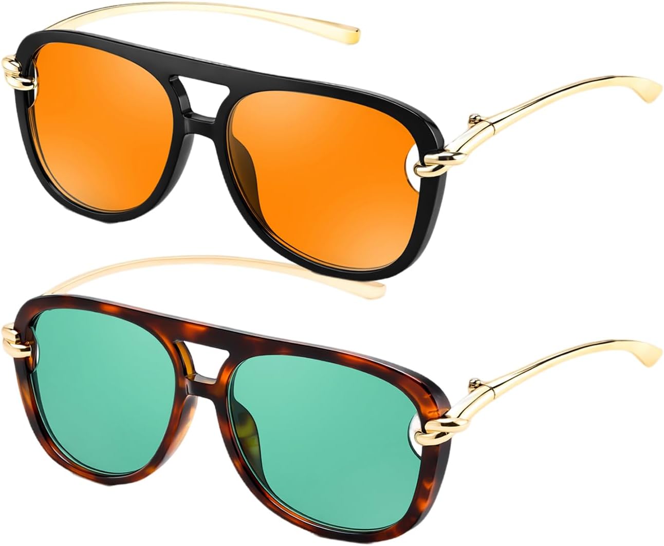 

Karsaer 2 шт. Модные солнцезащитные очки-авиаторы большого размера для женщин и мужчин, в стиле ретро 70-х, квадратные, с двойной перемычкой, Black Frame / Orange Lenses + Leopard Print Frame / Green Lenses