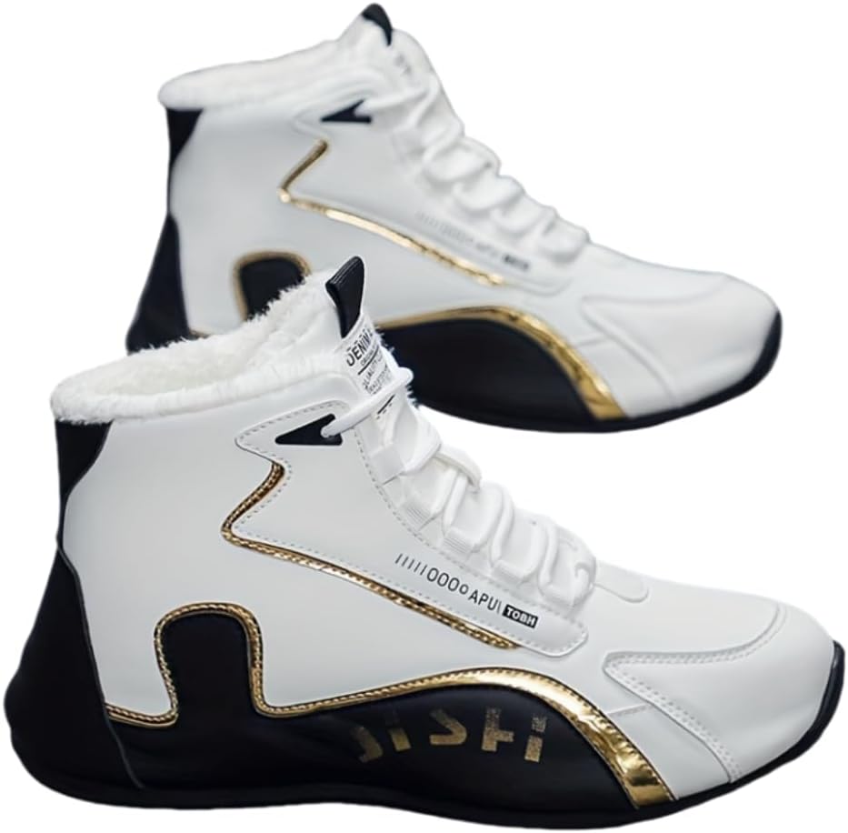 

Мужские высокие зимние ботинки для снега с флисовой подкладкой - уличный стиль, популярная графика - прочный верх из ПУ и резиновая подошва - шнуровка, круглый носок, походные ботинки для осени/зимы Hhhchpm, белый/черный