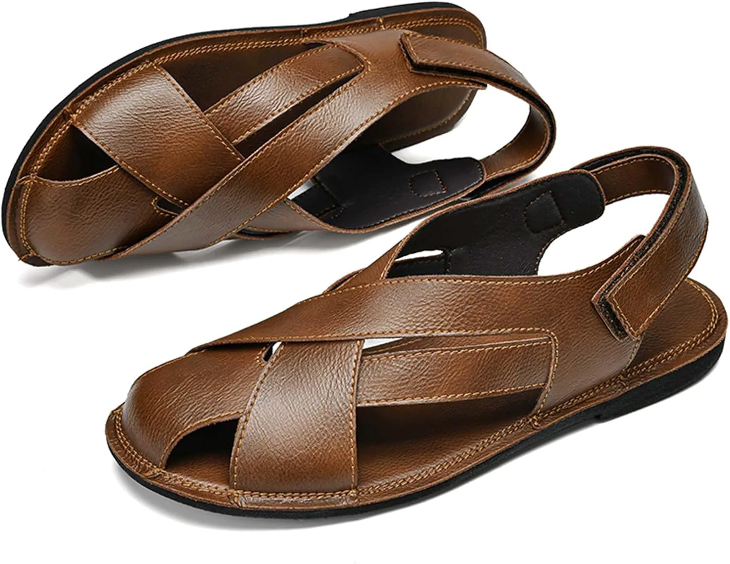 Mens Fashion Leather Сандалии hook-and-loop Rome Сандалии Mens Barefoot Сандалии Business Сандалии Daily Casual Сандалии Soft and Breathable Anti-slip Wear-resistant Durable Vtiao, коричневый — фото 4