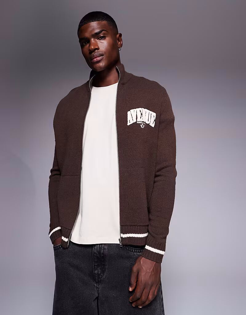 

Свободная трикотажная спортивная куртка на молнии с марсельским принтом коричневого цвета Asos Design