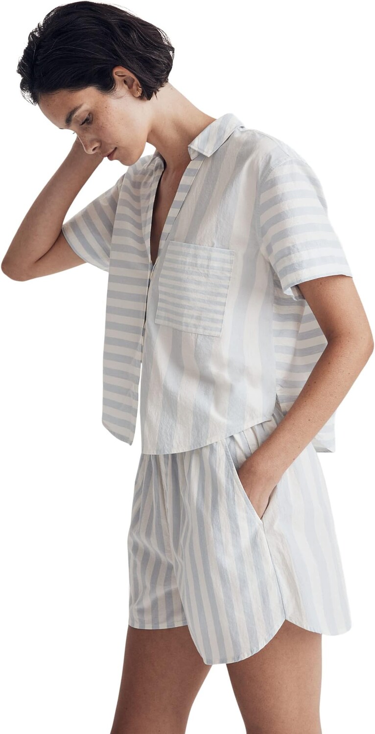 

Рубашка Madewell Y-Neck Button-Up Shirt in Mixed Stripe, цвет Weathered Sky