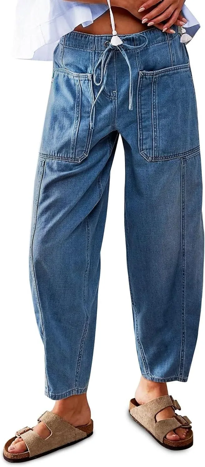 

Yoeasy женские бочкообразные джинсы с эластичным шнурком, свободные широкие укороченные