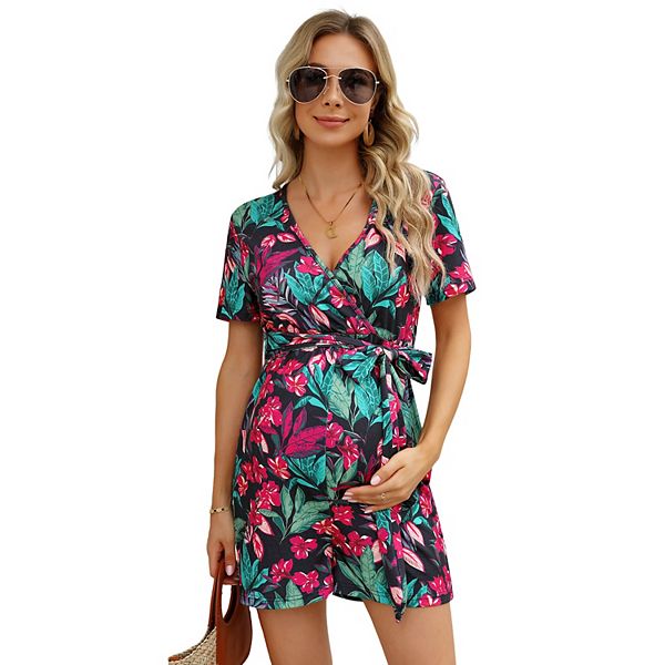 

Женский комбинезон для беременных с V-образным вырезом, короткими рукавами, повседневный комбинезон с высокой талией для кормления и поясом. Seoria, Black Flower