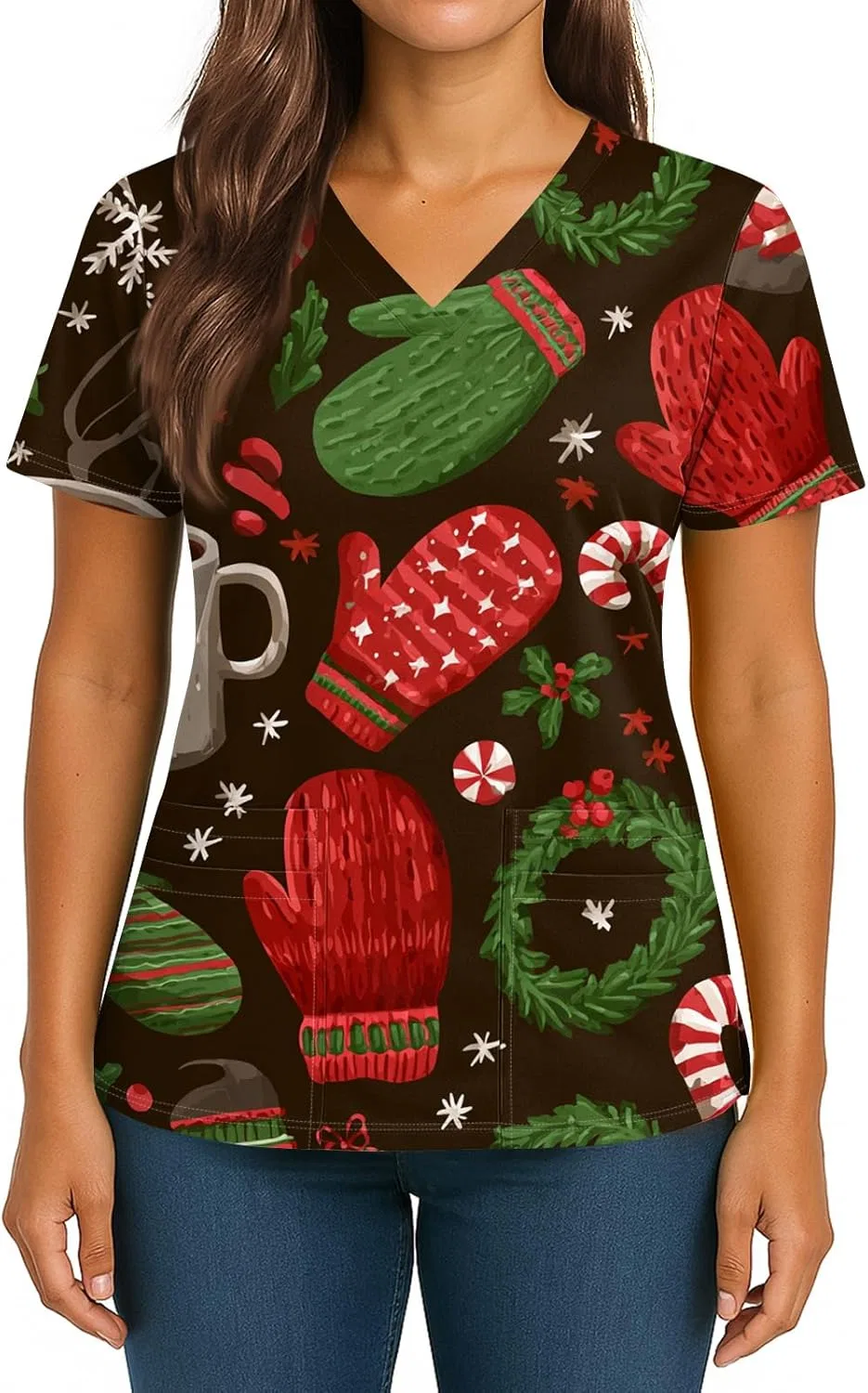 Медицинский топ с V-образным вырезом, с принтом, Christmas, короткий рукав, 2-brown — фото 3