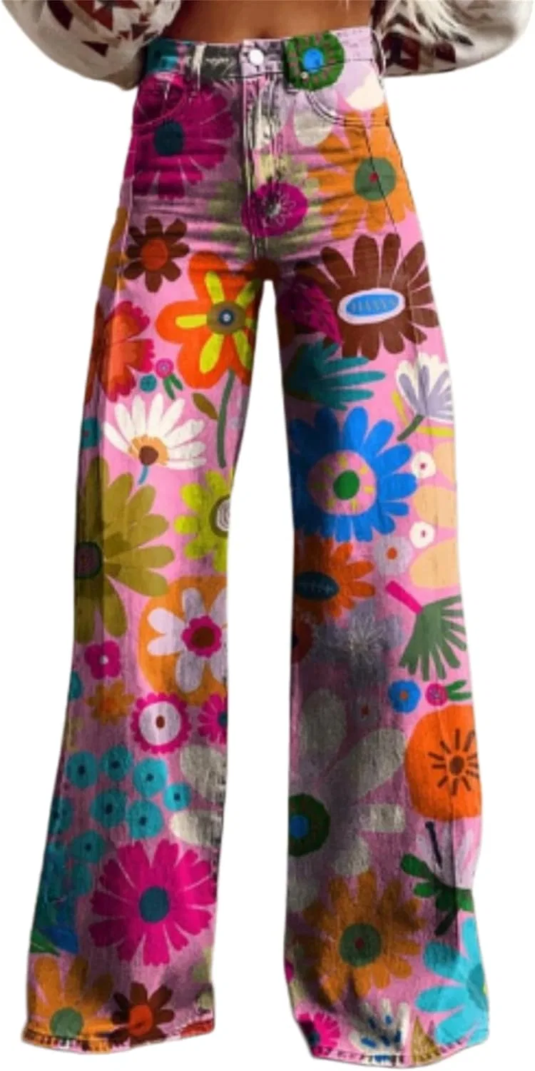 Джинсы с цветочным принтом, Wide Leg, 43