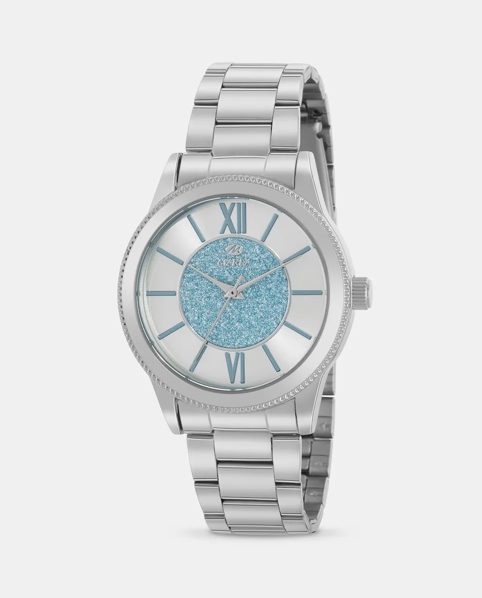 

B41355/3 женские часы со стальным ремешком и серебристо-голубым блестящим циферблатом Marea, серебряный