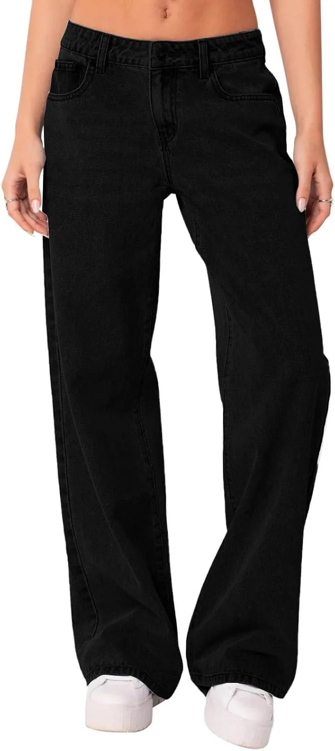 

Женские джинсы прямого кроя с низкой посадкой и потертостями