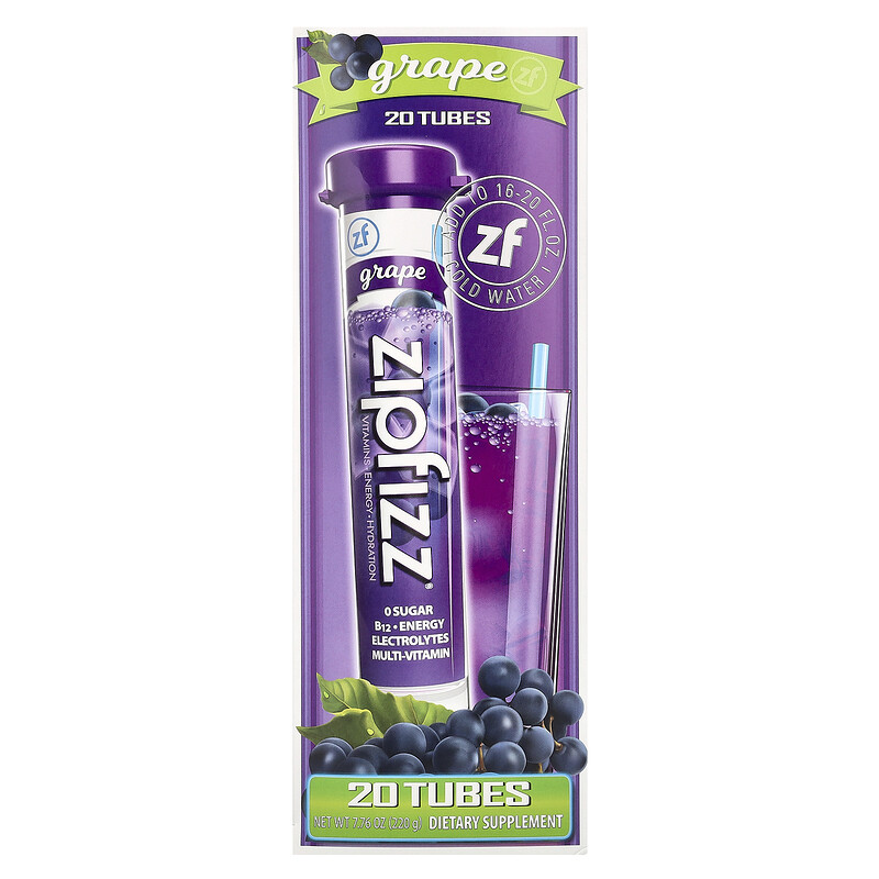 

Zipfizz, Смесь для энергетических напитков, виноград, 20 тюбиков, 11 г (0,39 унции)