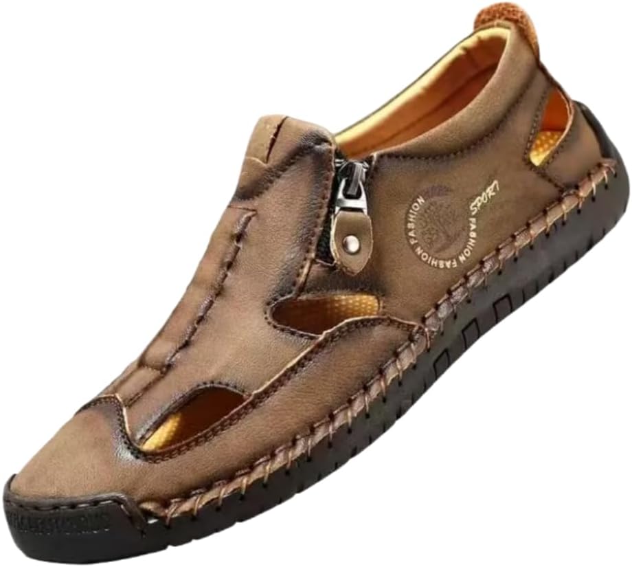 

Мужские кожаные повседневные сандалии с боковой молнией, ручная строчка, дышащая летняя обувь, доступные в белом, черном и синем цветах Generic