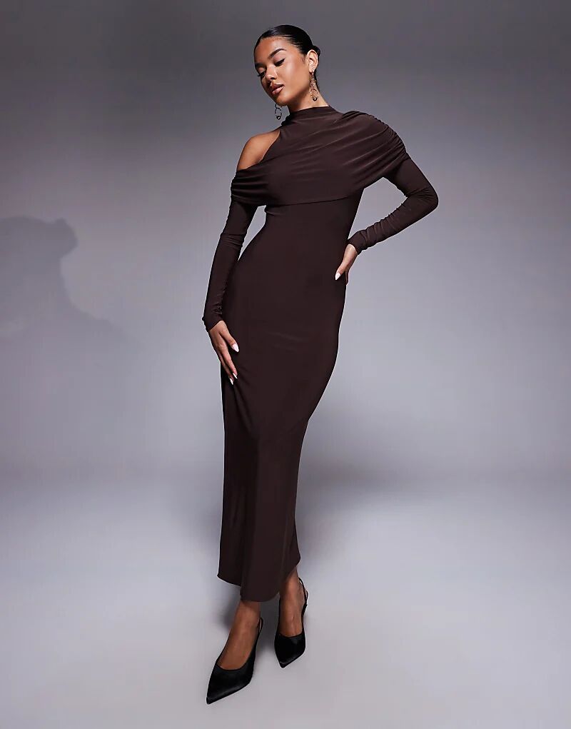 

Платье миди ASOS DESIGN с высоким воротом и открытыми плечами шоколадного цвета