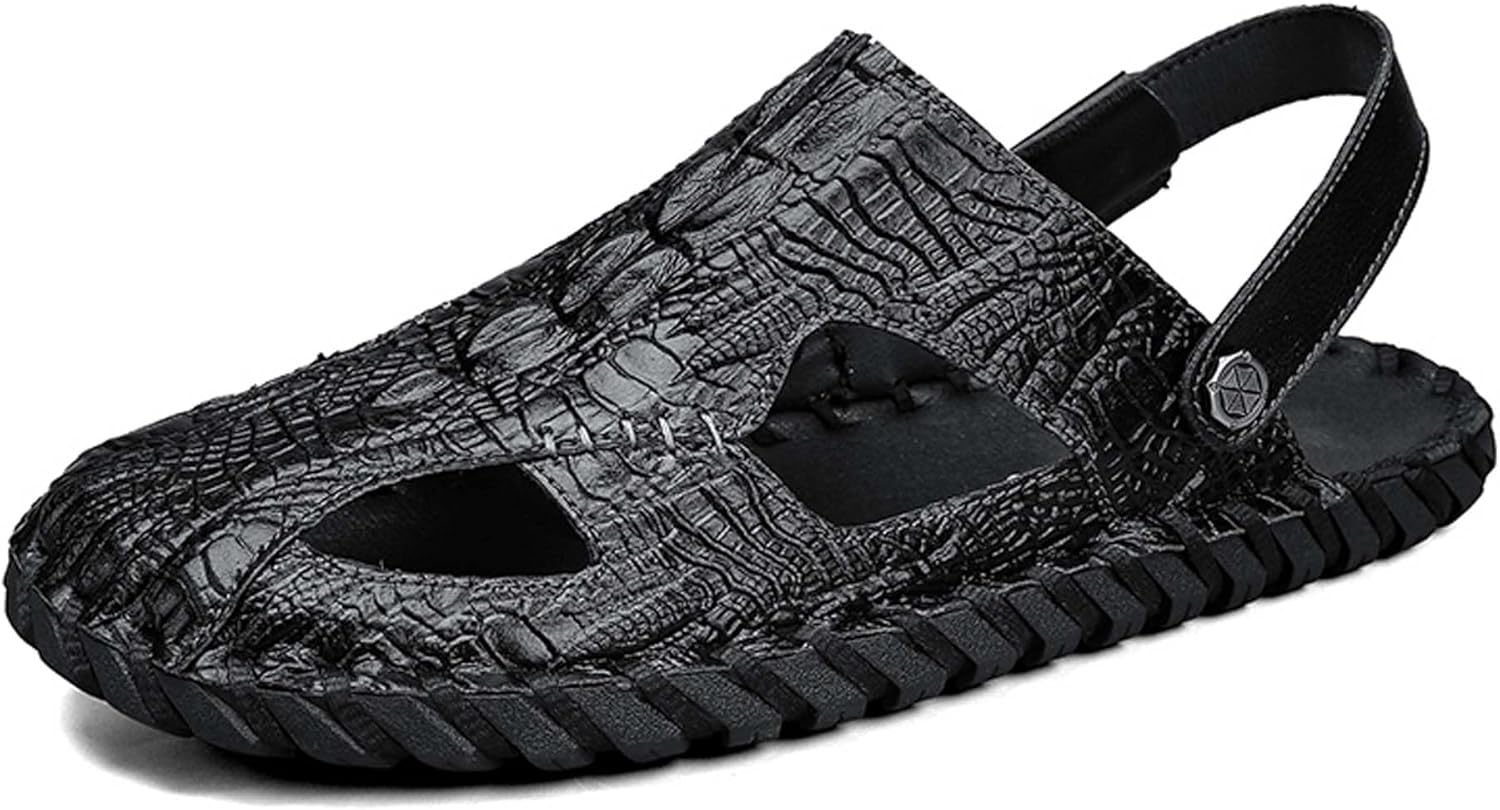 

Мужские летние повседневные сандалии UANGLI, дышащие, удобные, легкие, мягкие, ручной работы, с рисунком под крокодила, модные тапочки из двухслойной коровьей кожи, черный