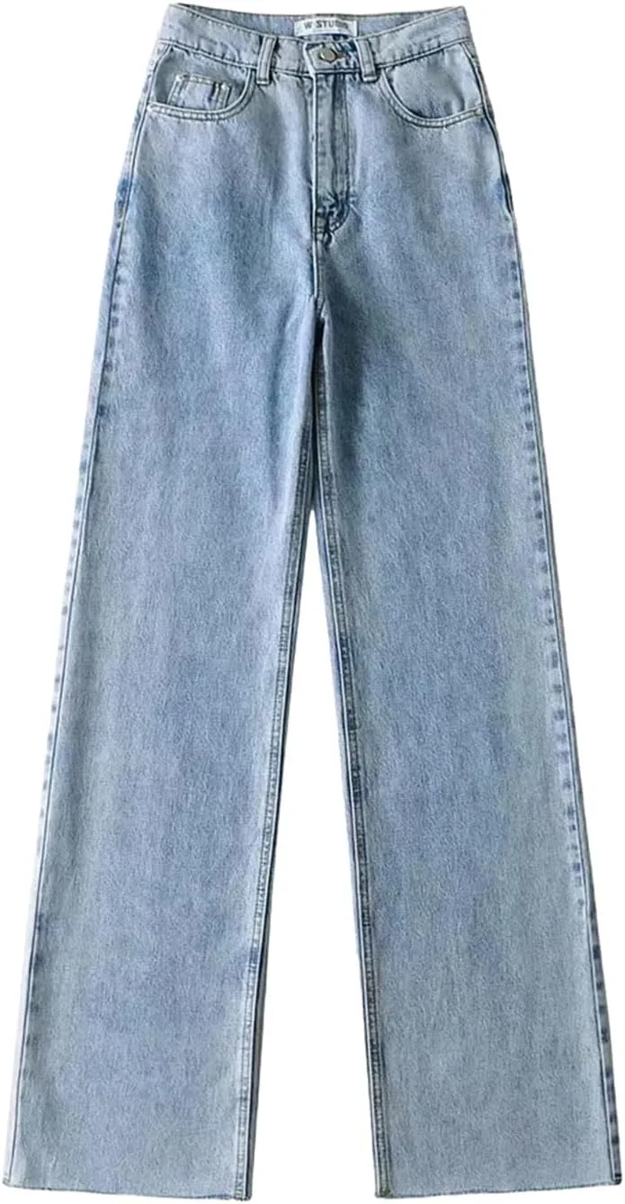 

Женские прямые джинсы high waist streetwear light blue boyfriend denim wide leg