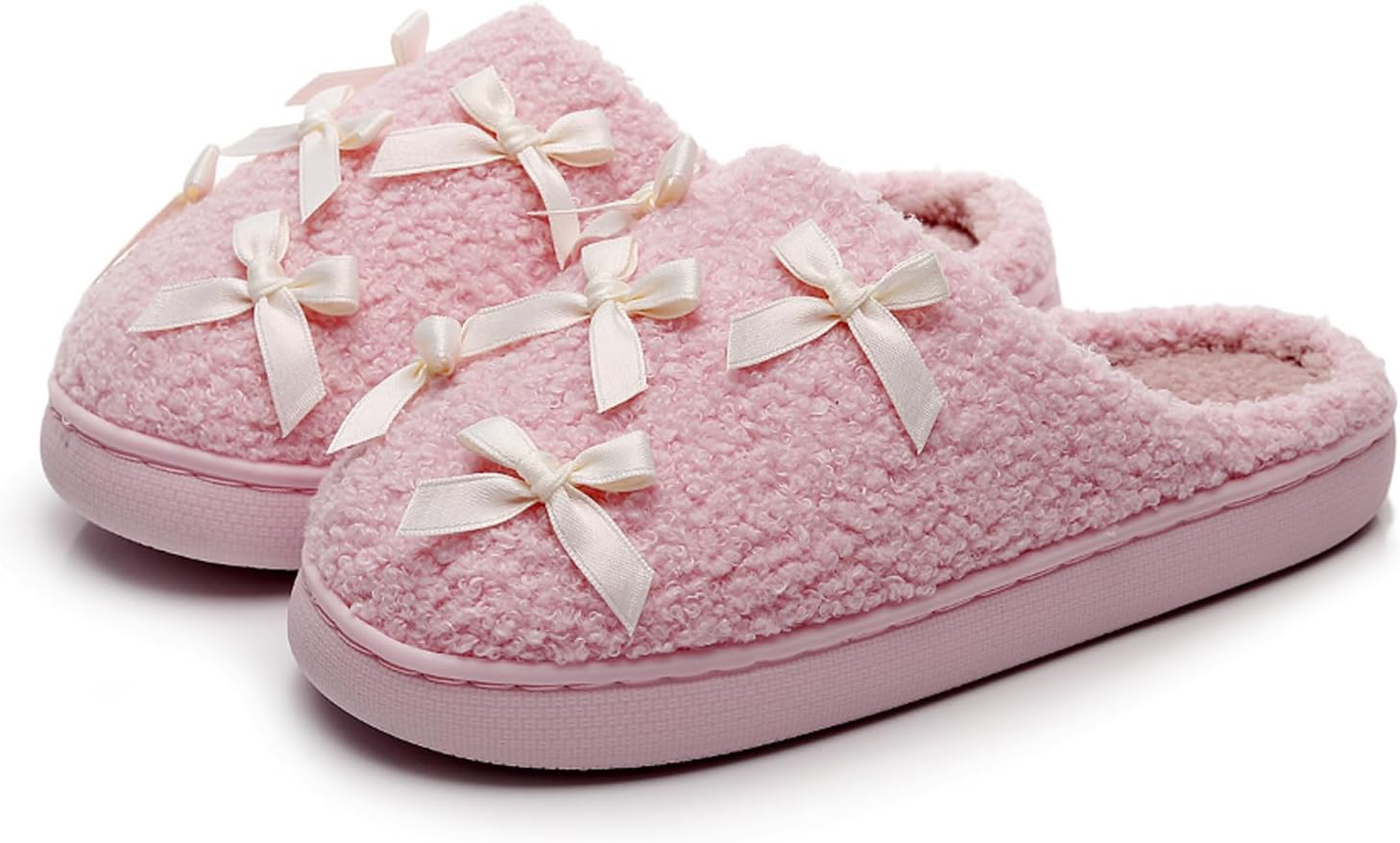 

Женские и мужские домашние тапочки с элегантным бантиком, удобные плюшевые теплые тапочки, легкие, с нескользящей подошвой, для дома и улицы Oukisam, розовый