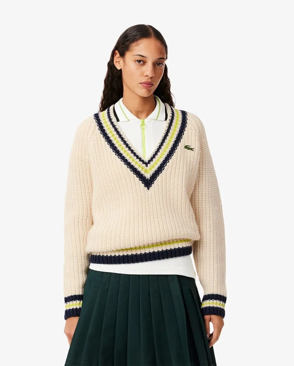 

Женский свитер из толстой пряжи с V-образным вырезом Lacoste, кремовый