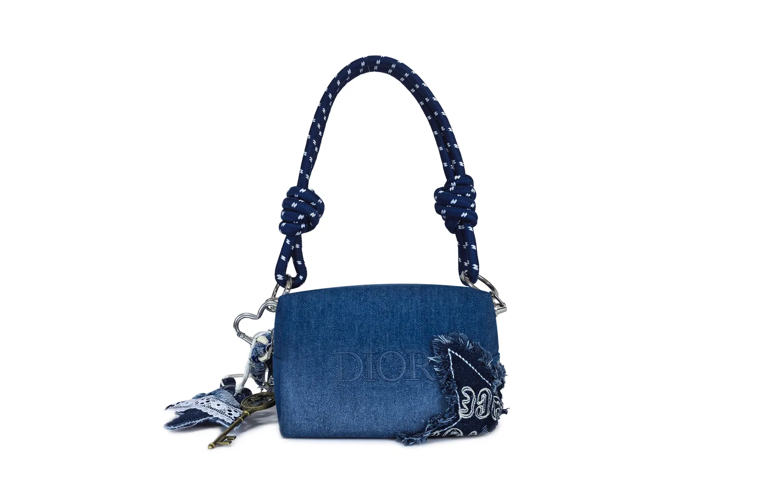 DIOR [Индивидуальная косметичка] Цветочный принт, деним, винтажный стиль, синяя сумка через плечо с эффектом потертости — фото 3