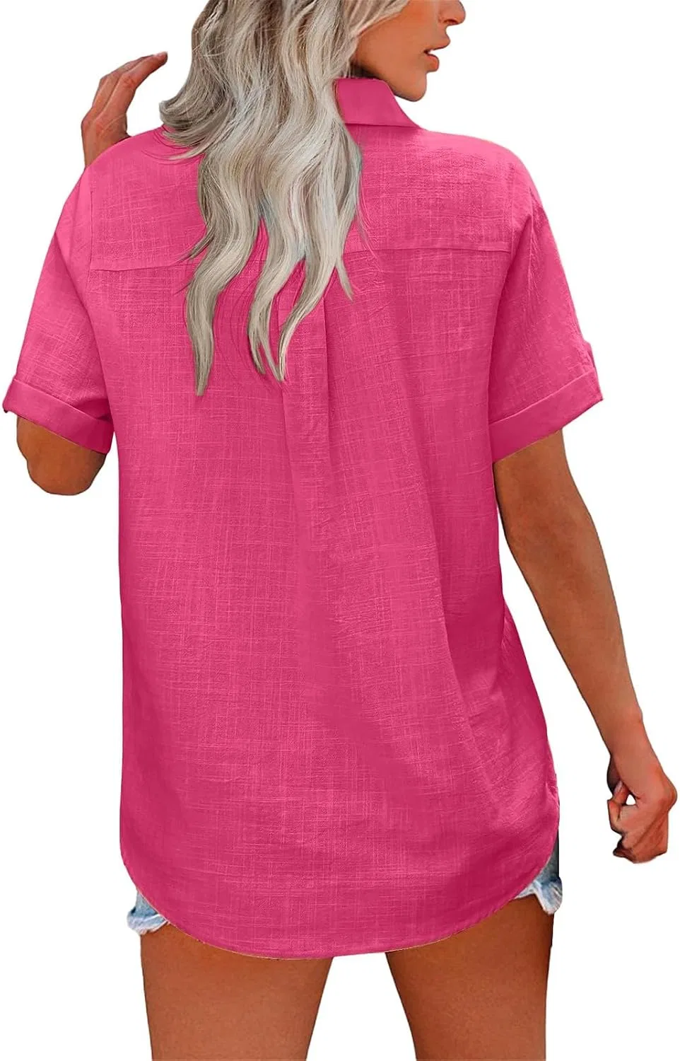Блуза хлопковая с коротким рукавом Women's Cotton Short Sleeved Button Down Shirt, ярко-розовый — фото 2