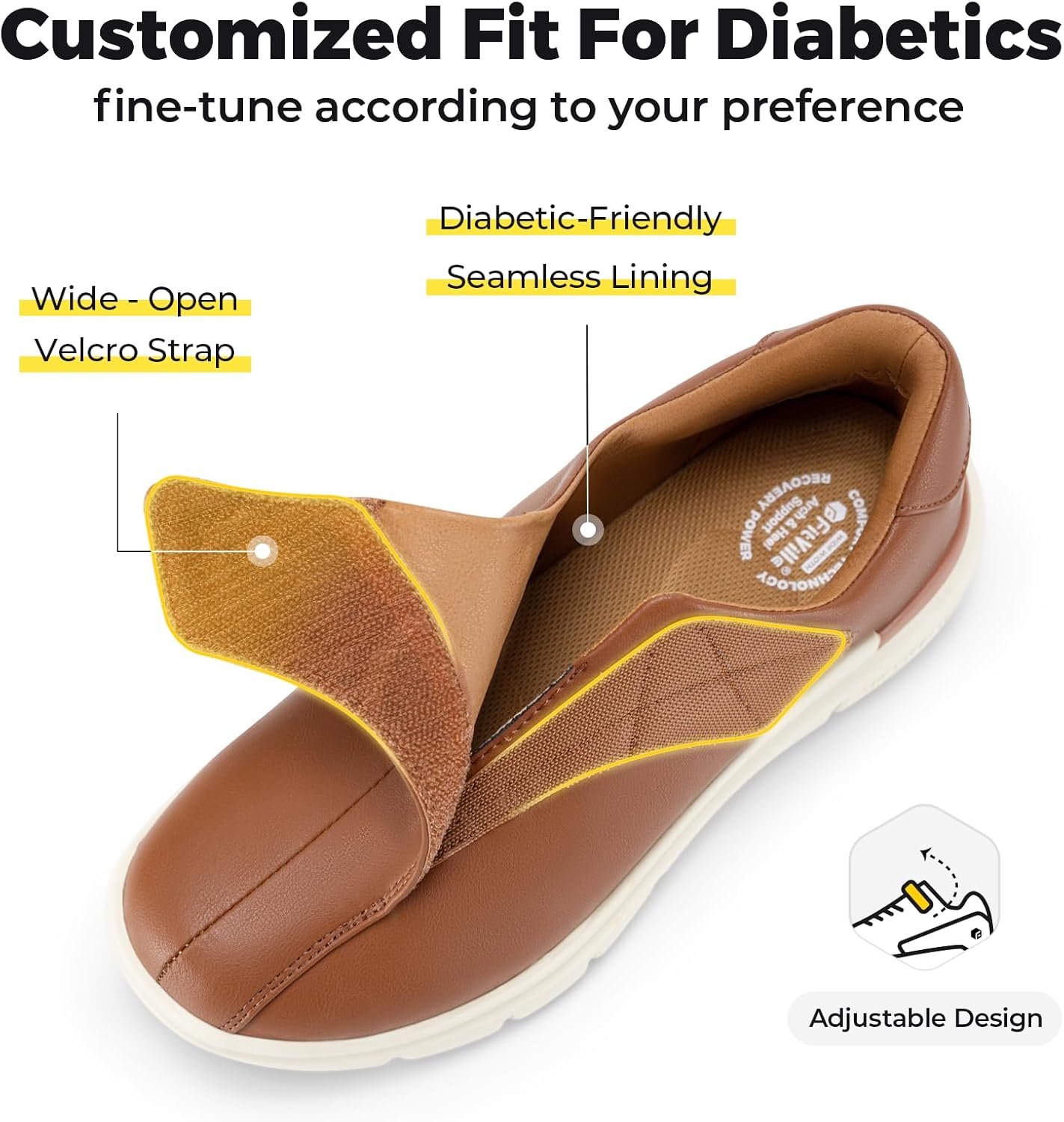 Diabetic Shoes FitVille для мужчин, классические туфли, повседневные слипоны, оксфорды, регулируемые деловые формальные свадебные туфли, ортопедические кроссовки для отекших ног - EasyTop Deluxe Dress Shoes V1, Bronze — фото 2