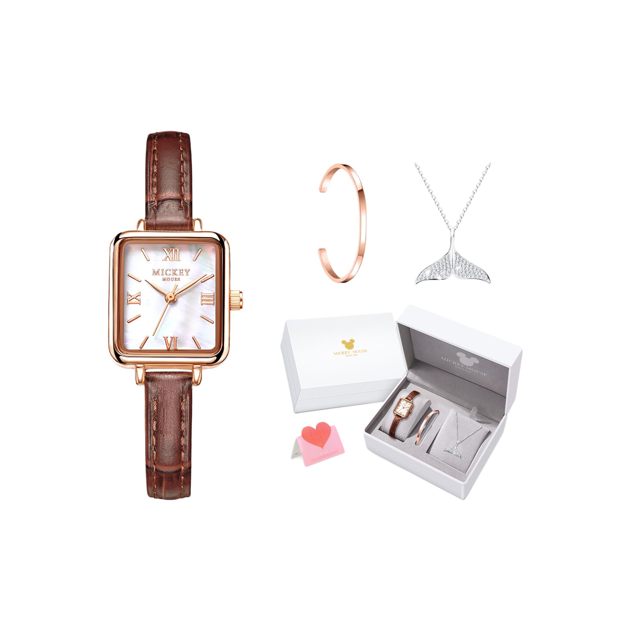

Часы Mickey Quartz Movement с кожаным ремешком женские часы с кофейным циферблатом Disney, vintage small square watch[box set]