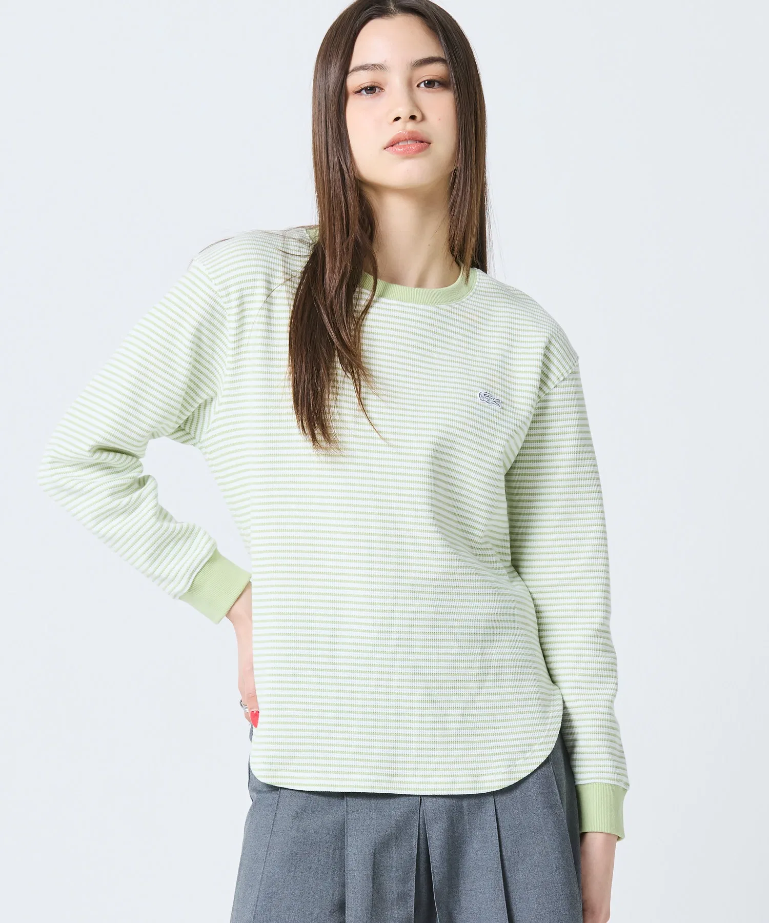 Футболка LACOSTE с длинным рукавом, вафельный трикотаж, эффект омбре, белая — фото 2
