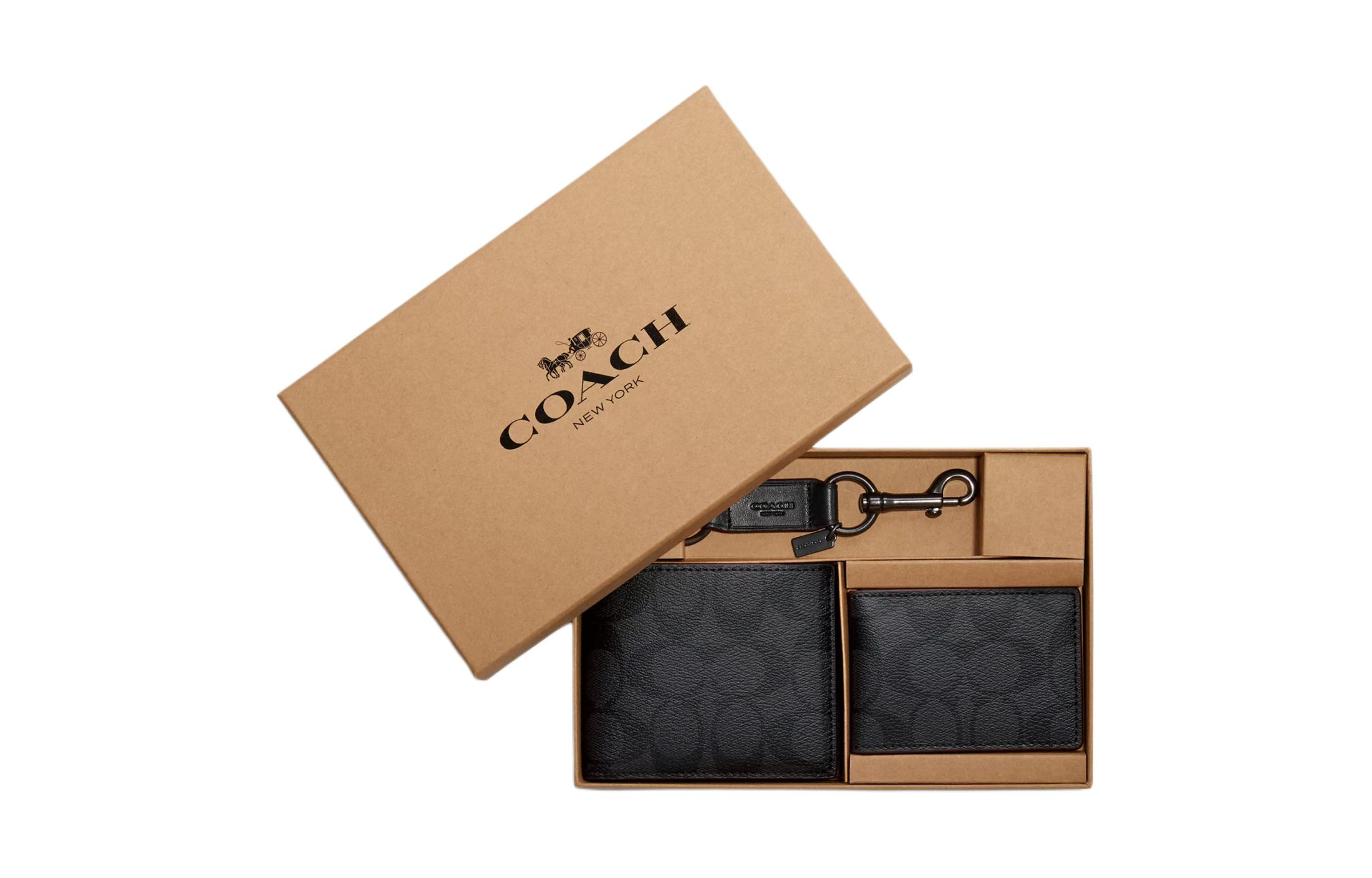 

COACH Трехкомпонентный кошелек из лакированного холста миниатюрный мужской черный