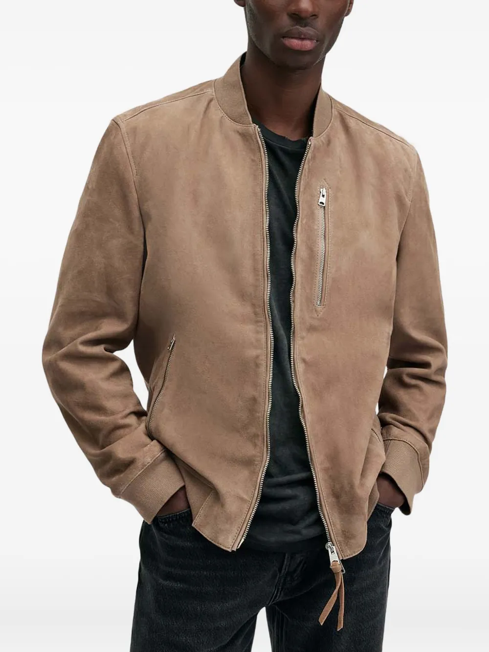 

Бомбер из замши с карманом на молнии Allsaints, коричневый