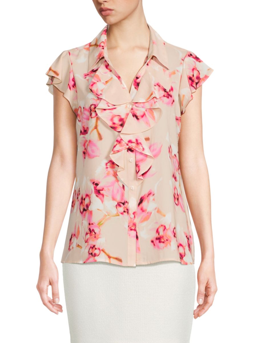 

Блузка с цветочным принтом и оборками Calvin Klein, цвет Soft Taupe Multi