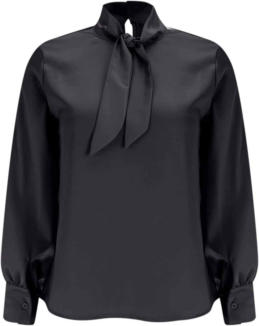 Блуза сатиновая женская, длинный рукав, button-down, черный
