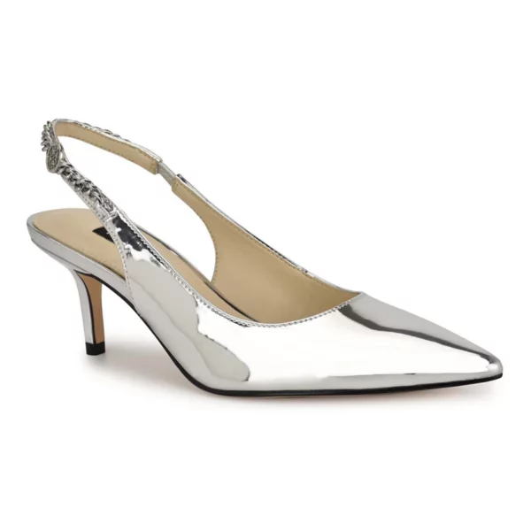 Аннае женские туфли-лодочки с острым носом и ремешком на пятке Nine West, цвет silver mirror metallic