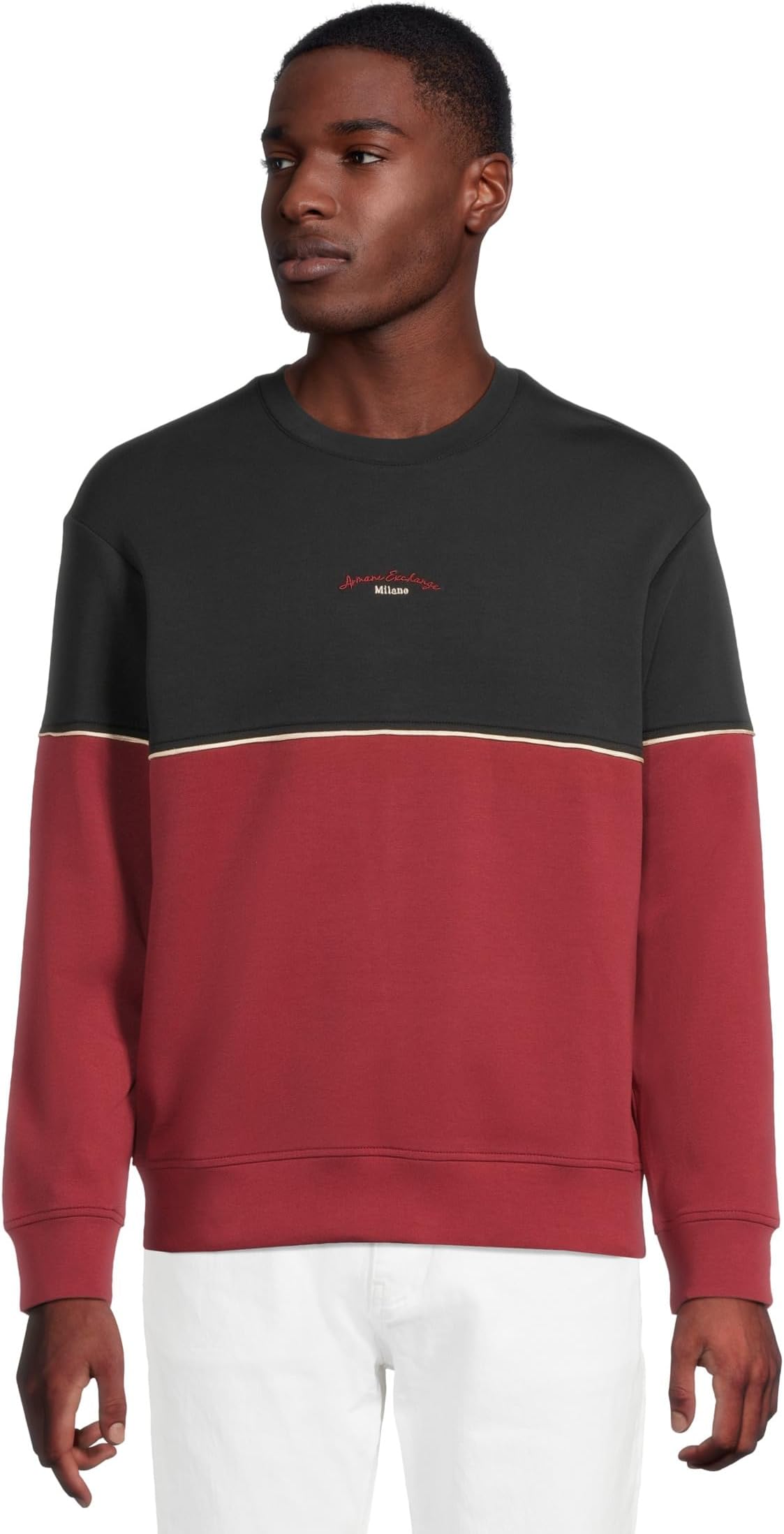 

Толстовка Armani Exchange Script Logo Pullover Colorblock Sweatshirt, цвет Deep Navy/Pomegranat